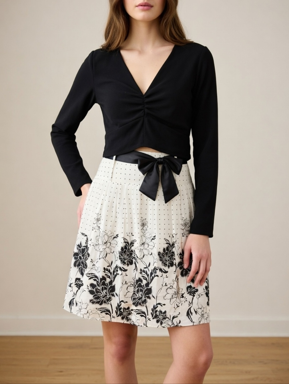 Max Rave Black and Ivory Floral A-Line Skirt with Satin Bow